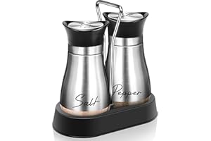 ARROZON Salt and Pepper Shakers Set with Holder,4 oz Stainless Steel Salt Shaker with Glass Bottom Kitchen Gadgets for Counter Modern Decor Table,RV,Camp,BBQ Refillable Design (Silver)