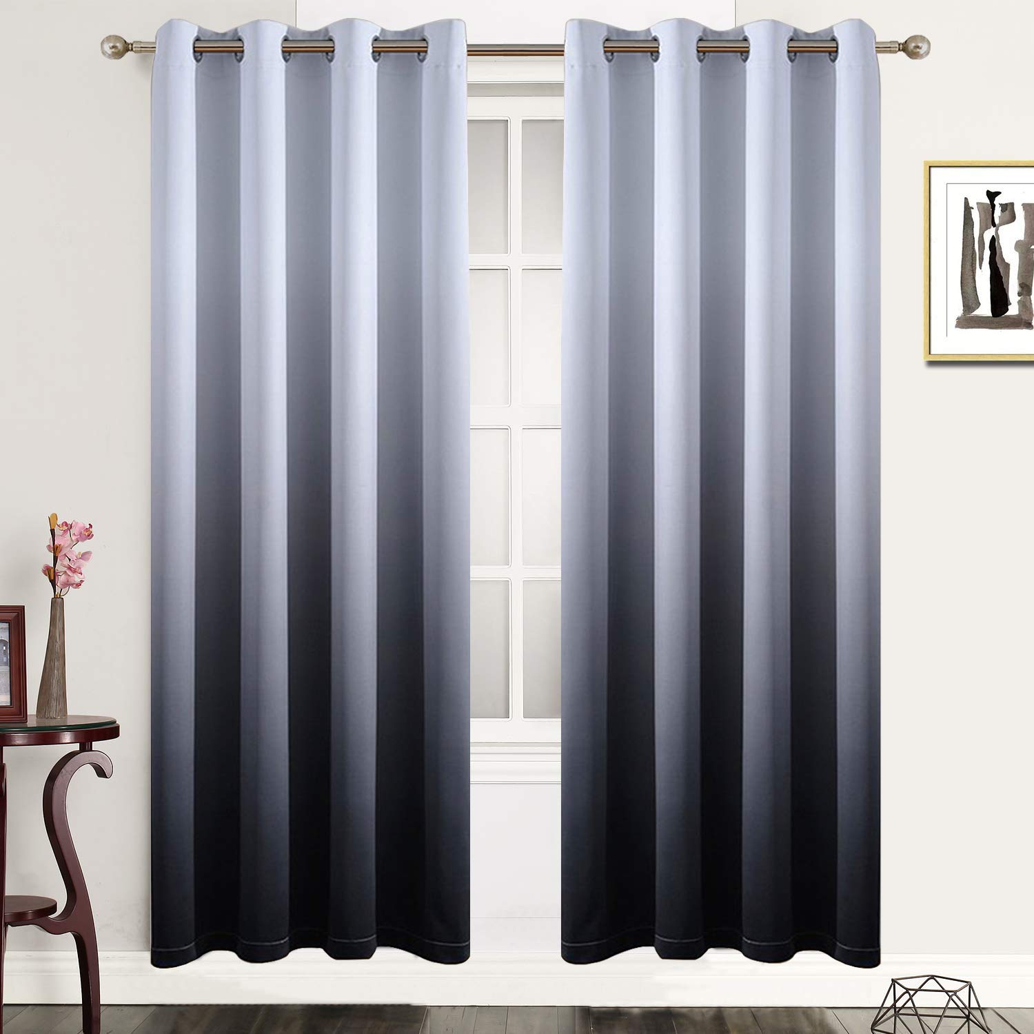 SimpleHome Gradient Color Ombre Blackout Curtains Black Thickening Polyester Eyelet Top Panels Thermal Insulated Grommet Window Treatment Drapes for Living Room/Bedroom (Black, 52W x 72L / 2 Panels)
