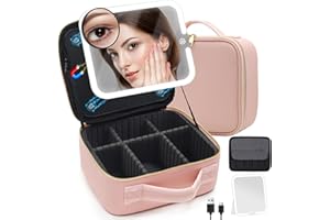 SUUPVAOR Travel Makeup Bag Cosmetic Organizer Bag with Large Magnetic Removable Lighted Mirror, Makeup Case with Mirror and Lights 3-Color Modes Adjustable Brightness 360° Angle, Makeup Travel Train Case Gift