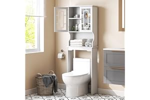 IFANNY Over the Toilet Storage Cabinet with Tempered Glass Doors & Adjustable Shelf, Wooden Space Saver Freestanding Bathroom