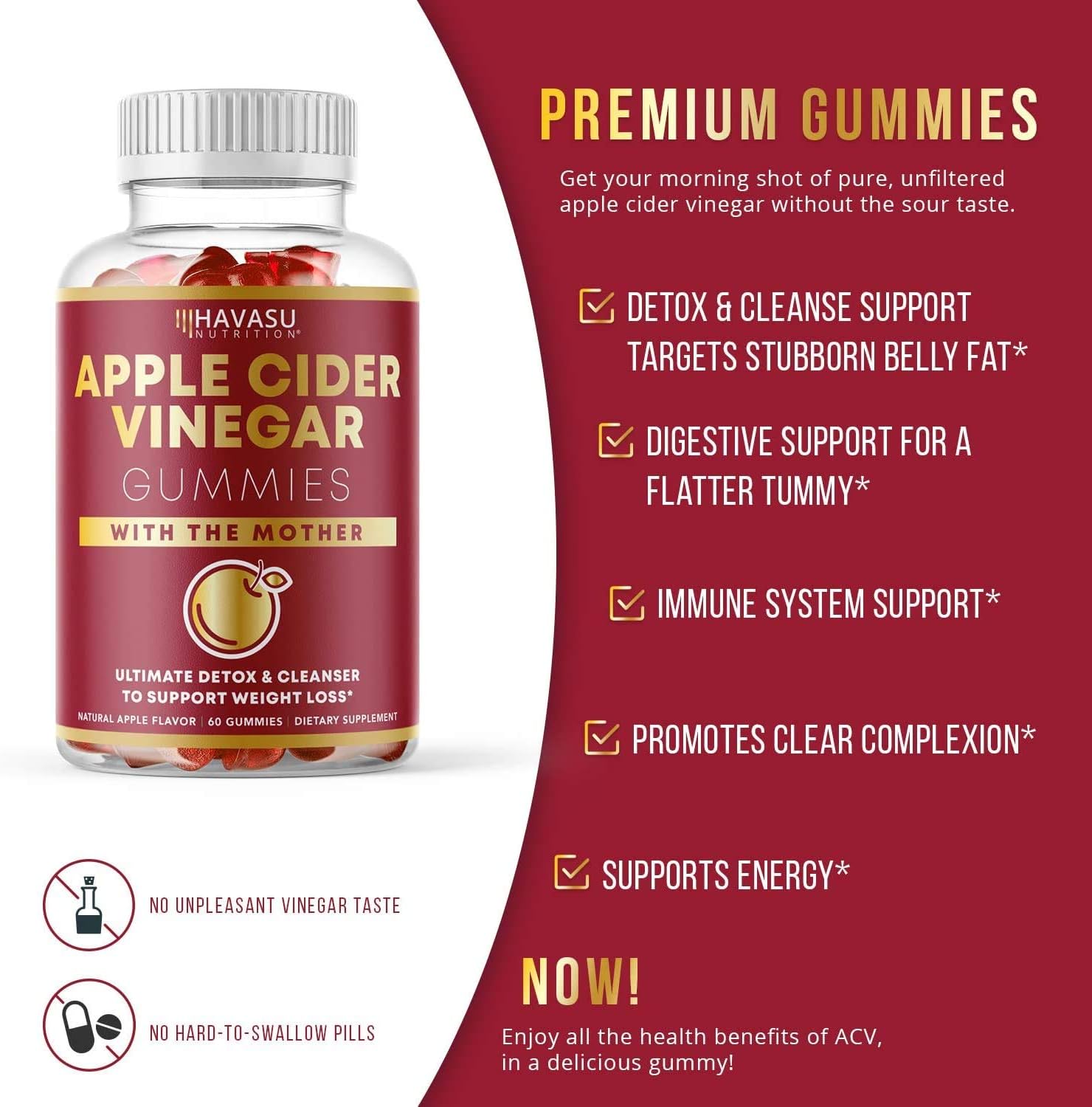 Havasu Nutrition Apple Cider Vinegar Gummies for Detox Cleanse & Belly Control; Organic ACV with Mother Enzyme; 60 Vegetarian Gummies (60 Ct): Health & Personal Care