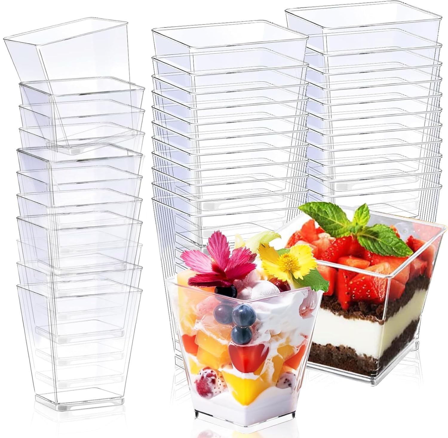 50 Pack Dessert Cups, 2oz/60ml Mini Dessert Bowls for Parties, Square Cheesecake Pots Reusable Clear Parfait Appetizer Cups for Dessert, Party Use