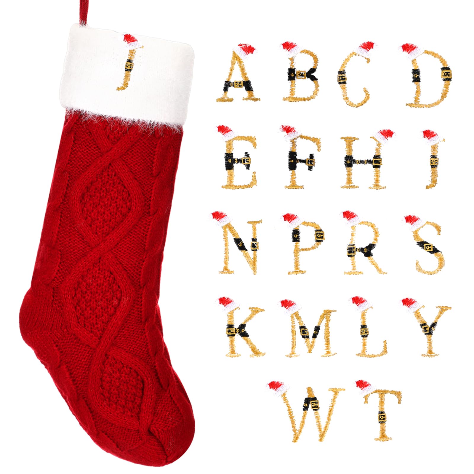 Photo 1 of Poen Christmas Stockings with Initials 18 Inches Large Red Knit Monogram Stocking Embroidered Christmas Stockings Gold Letter Christmas Stocking for Family Holiday Xmas Gift, Red and White (Letter J)
