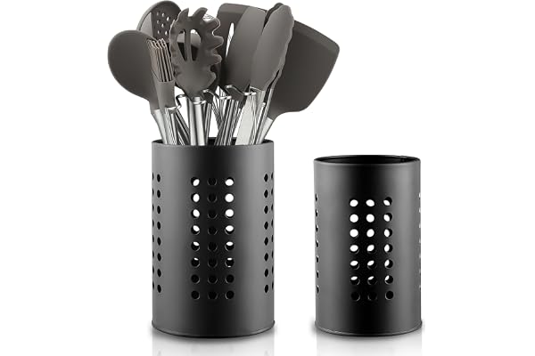 Berglander 2-Piece Black Stainless Steel Kitchen Utensil Holder Set, Farmhouse Style Countertop Organizer