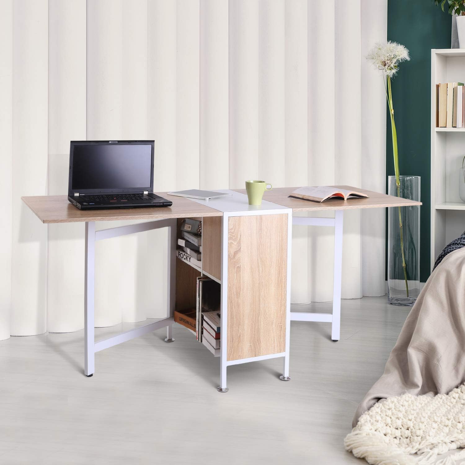 HOMCOM Foldable Drop Leaf Dining Table Folding Workstation for Small Space with Storage Shelves Cubes Oak & White - Image 4