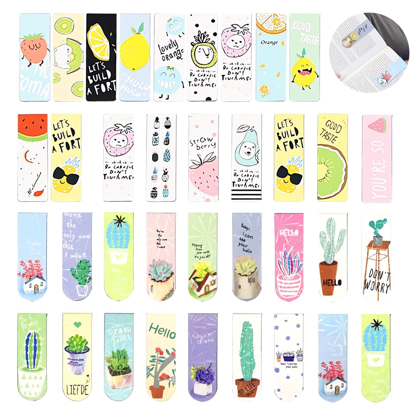 Eowppue 36 Pcs Bookmarks - Magnetic Bookmark, Fruits Plants Pattern Bookmarks, Stationary Book Accessories, Cute Pretty Gifts for Girl Teacher Children