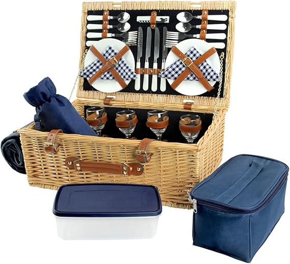 HappyPicnic - Cesta de Mimbre para 4 picnics, Cesta de Almacenamiento