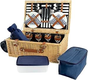 HappyPicnic - Cesta de Mimbre para 4 picnics, Cesta de Almacenamiento