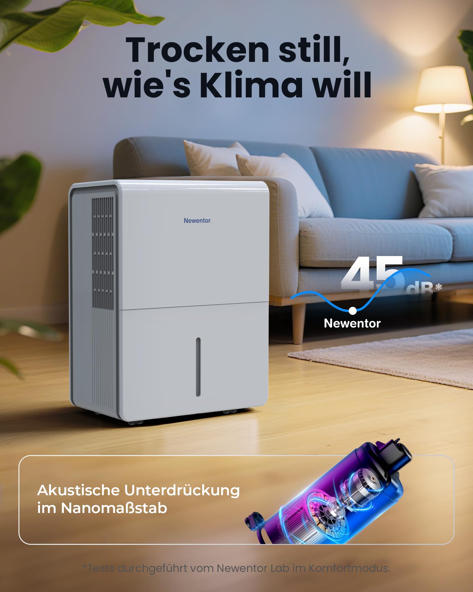 Newentor Luftentfeuchter 25L/24h, Für 215m³/80m² Räume - 3 fache Geräuschreduktion - Stromsparender Chip - Einfache Bedienung - 10 J. Gar. - Mit 1M Ablaufschlauch&Abnehmbarem Filter, Timer 3