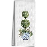 Dwept Blue and White Porcelain Kitchen Towels,Chinoiserie Decor, Preppy Chinoiserie Hand Towels, Watercolor Green Topiary Trees Bathroom Kitchen Decor, Vintage Plant Dish Towels Tea Towels for Kitchen