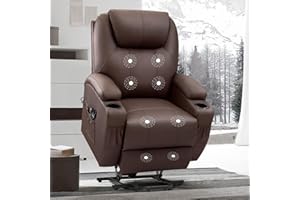 VICTONE Electric Power Lift Recliner Chair for Elderly Reclining Sofa for Living Room with Massage, Side Pockets and Cup Holders (Leather, Brown)