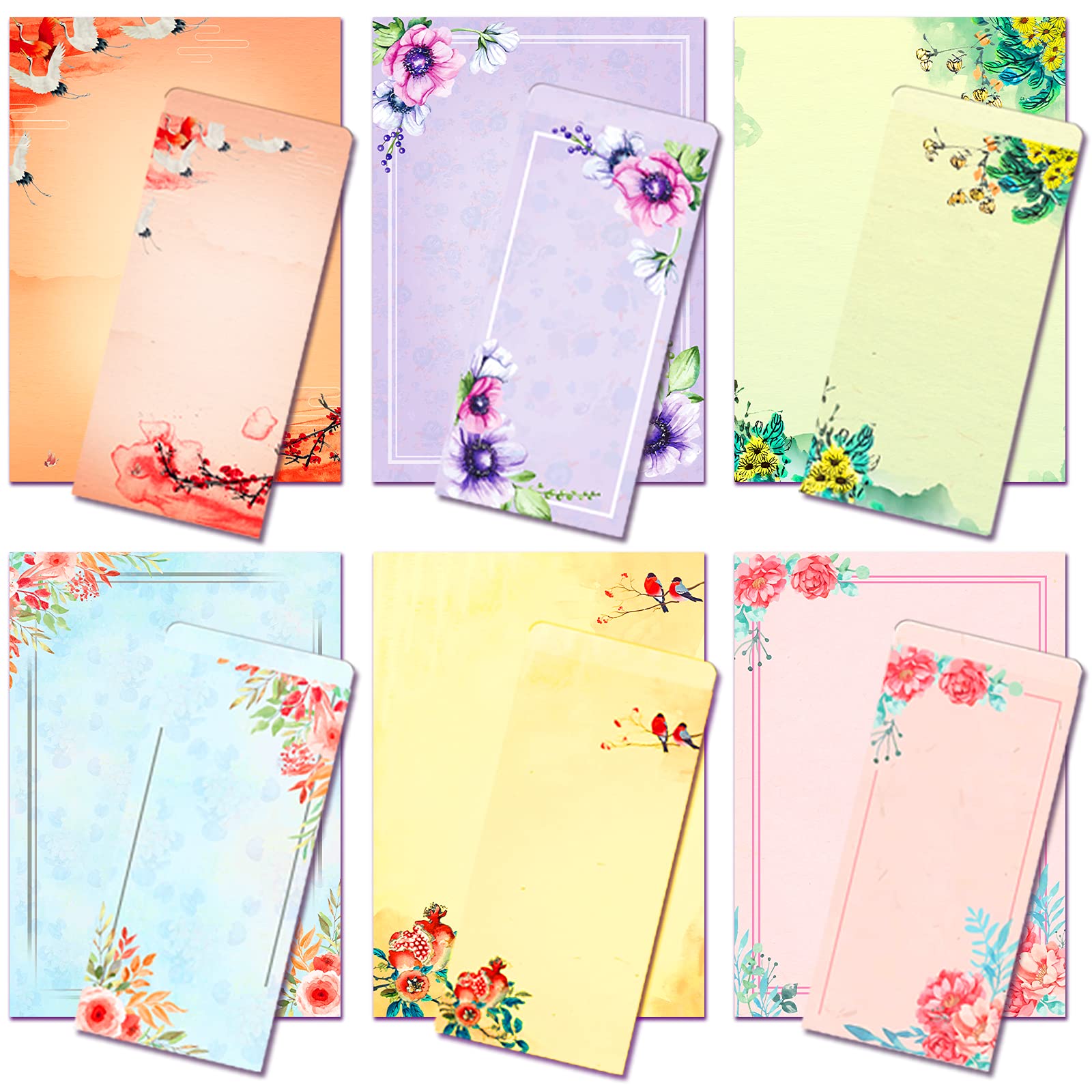 ANZON MORIES A4 Japanese Stationery Paper and Envelopes Set, 48 Letter Writing Paper with 24 Self-Sealing Envelopes, Printer Friendly, Color Both Sides, Ink Painting Classic Vintage Floral Design