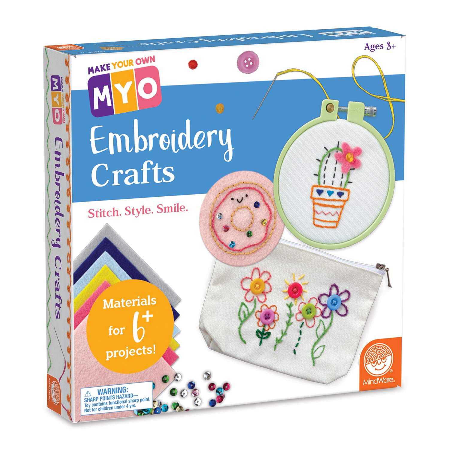 MindWare Make Your Own Embroidery – Cute & usable DIY Crafts for Girls & Teens – Learn 7 Basic Stitches to Make 6+ Projects – 14 pcs