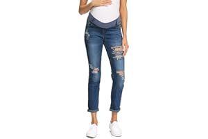 Foucome Women's Maternity Jeans Stretch Ripped Boyfriend Jeans Pregnancy Denim Pants with Pockets, 066# - Dark Blue, Small