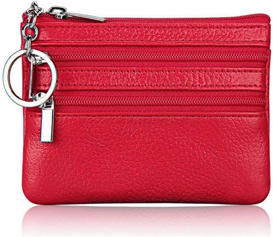 Women Men Leather Coin Purse Card Wallet Clutch Double Zipper Small Change Bag (Red)