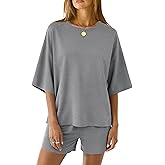 LOMON Lounge Sets for Women Two Piece Pajama Shorts Outfits 3/4 Sleeve Loose Fit Casual Soft Comfy Sleepwear (Gray, XL)
