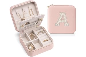 Vlando Mothers Day Gifts, Travel Jewelry Case for Women, Travel Gifts, Travel Essentials Small Jewelry Box, Jewelry Travel Organizer for Teen Girls Kids Graduation Gifts- Letter A, Pink