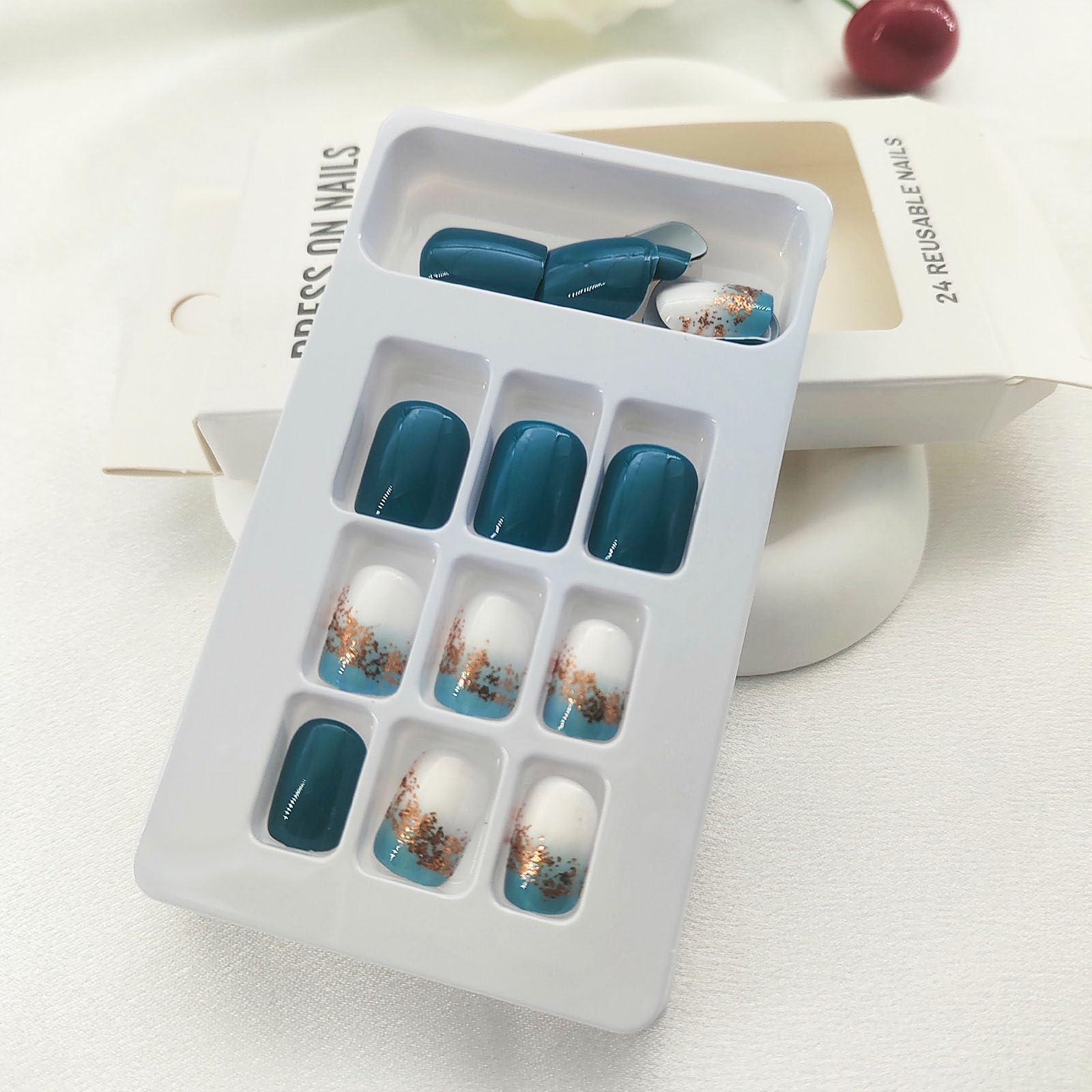 Square Press on Nails Short Sea Blue Fake Nails Glossy Acrylic Nails Press ons Full Cover False Nails with Golden Glitter Designs Glue Stick on Nails for Women Girls 24 Pcs - Image 3