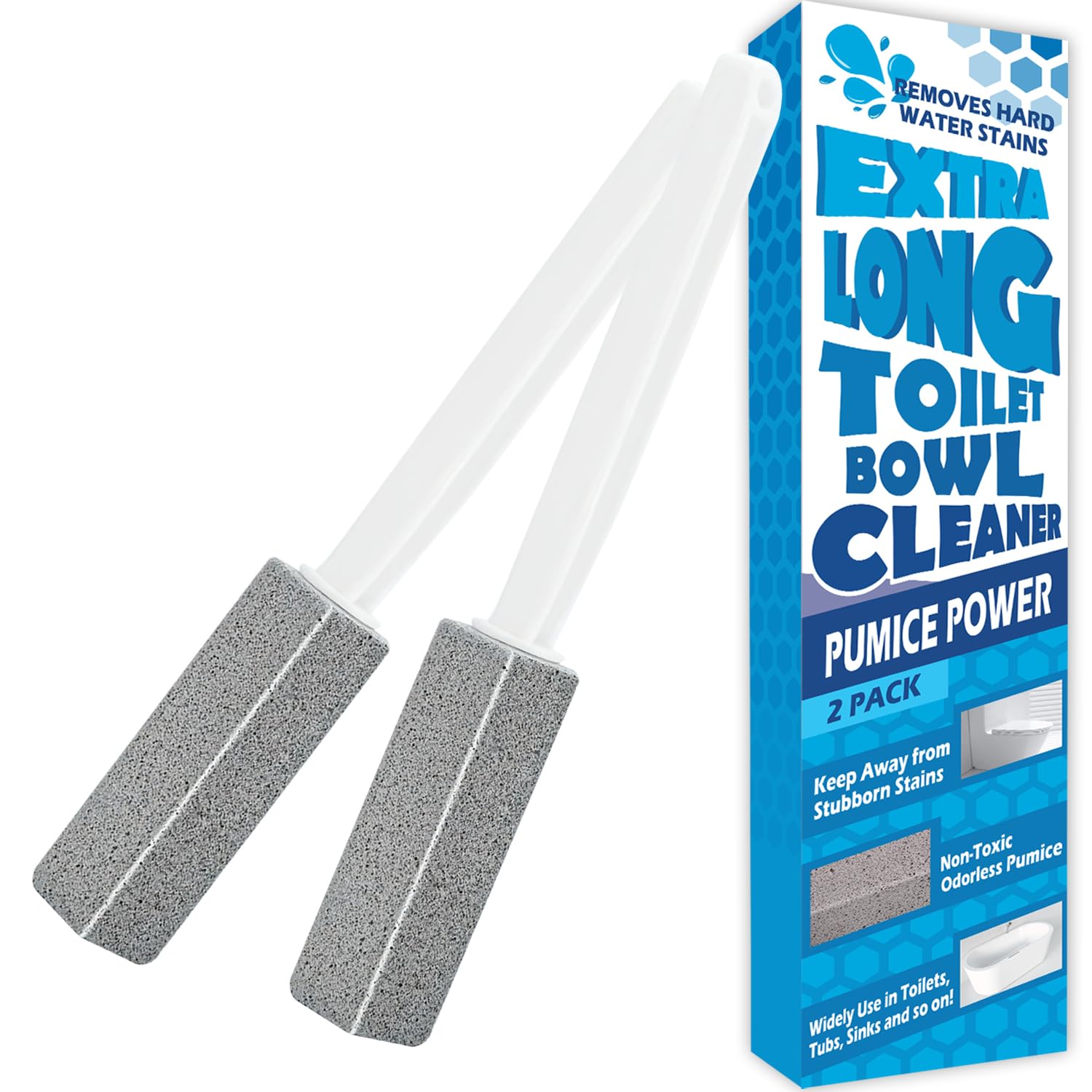 2 Pack Pumice Stone for Toilet Cleaning, Extra Long Handle for Removing Bowl Ring, Pool, Bathroom, Toilet Brush