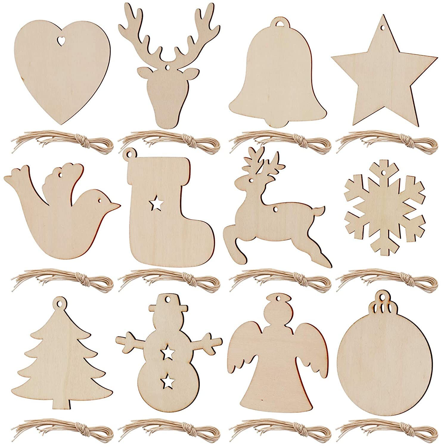 SAVITA 120pcs Christmas Wooden Pendants - 12 Styles Wooden Discs Hanging Ornaments DIY Crafts Holiday Decorations