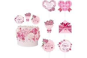 UNIIDECO Happy Mother's Day Cake Topper 12pcs Cupcake Toppers for Flowers Bouquet Mothers Day Decorations Father's Day Birthday Party Supplies (Rose Red)