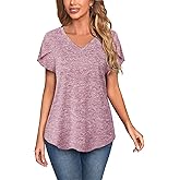 MISS FORTUNE Womens V-Neck Short Sleeve Activewear T-Shirt Petal Sleeve Casual Athletic Moisture Wicking Fitness Tops