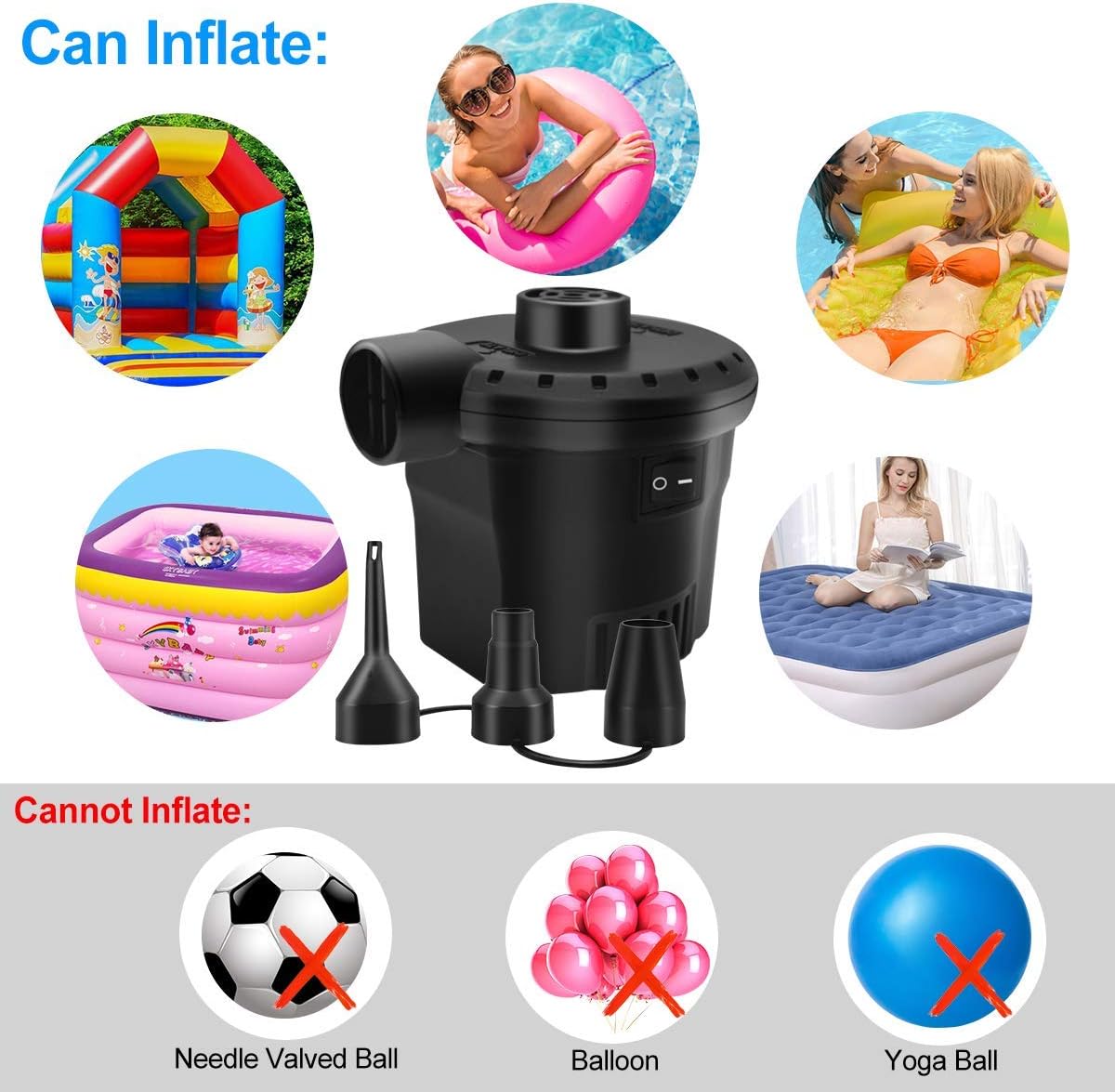 BLUELF Air Pump for Inflatables Air Mattress Pump Portable Quick Electric air Pump for Swimming Ring, Paddling Pool, Airbed or Inflatable Toys with 3 Nozzles AC 110V 130W: Sports & Outdoors