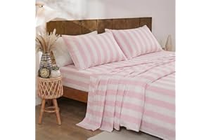 Merryword 100% Cotton Sheet Set Full Size - Pink and White Stripes Bedding, Soft Breathable Percale Weave, Wide Stripe Deep P