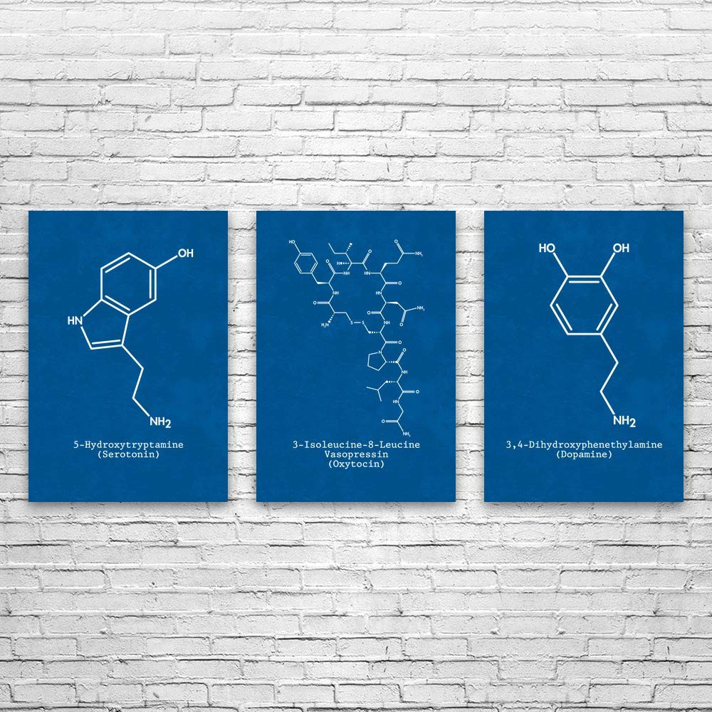 Patent Earth Neurotransmitter Molecules Posters Set of 3, Serotonin, Oxytocin, Dopamine, Scientist G