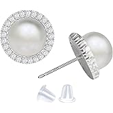 Real Pearl Earrings for Women 925 Sterling Silver 9MM Cultured Freshwater Pearl Stud Earrings Cubic Zirconia Earrings Studs Handpicked Jewelry Gifts for Her Mom Women Wife