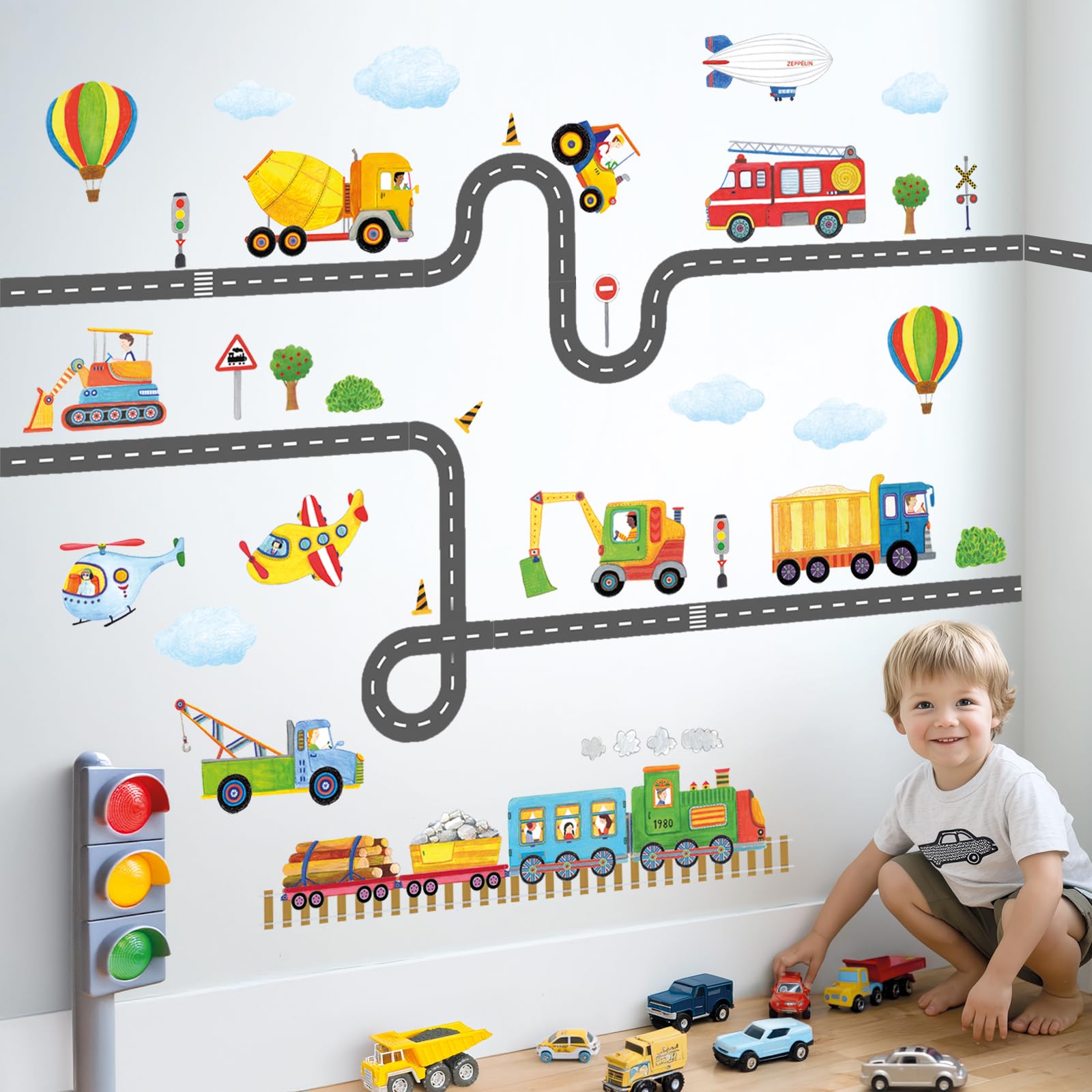 DECOWALL SG-2107 Construction Transportation on The Road Kids Wall Stickers Decals Peel and Stick Removable for Nursery Bedroom Living Room Art murals Decorations