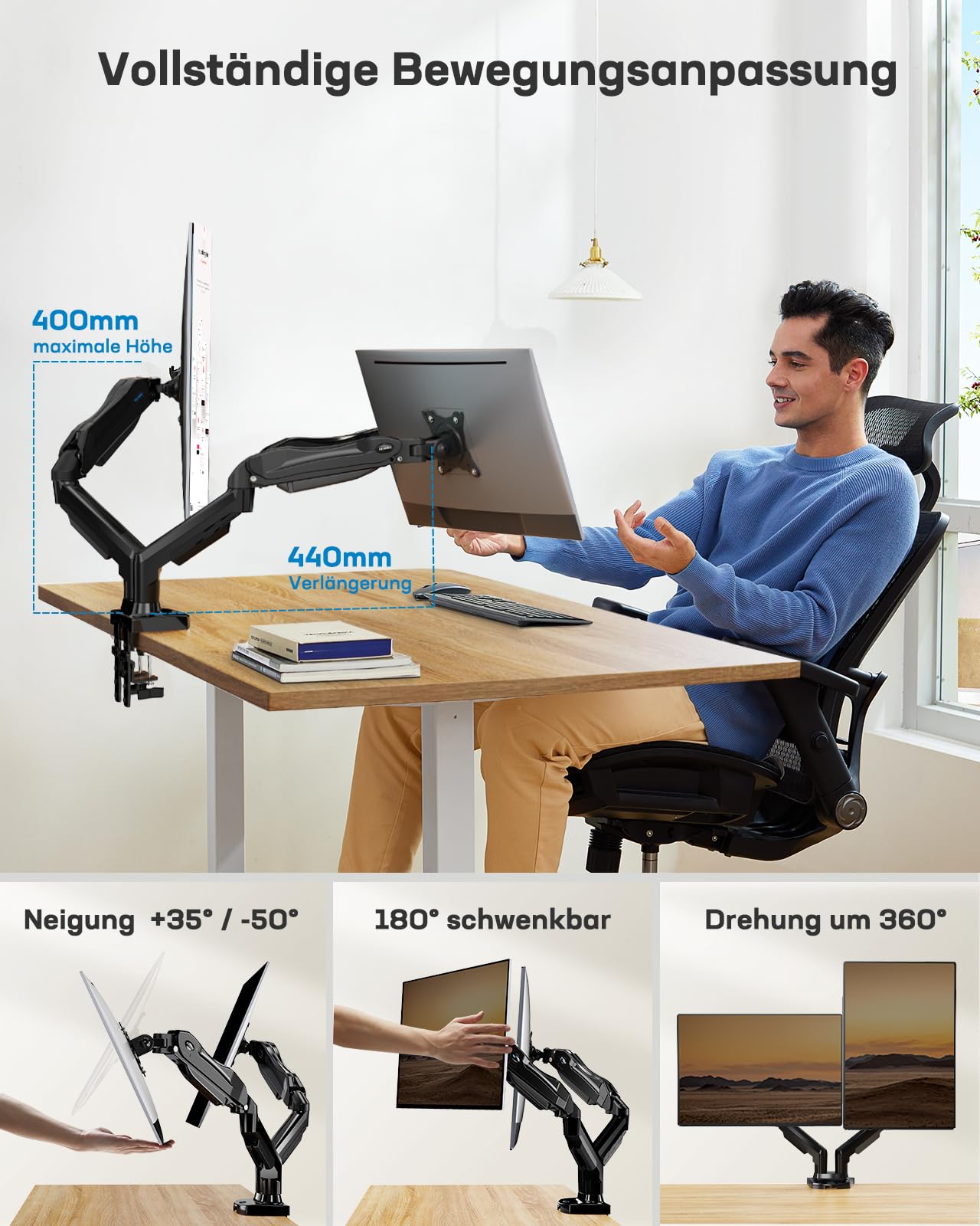 HUANUO Monitor Halterung 2 Monitore für 13 bis 32 Zoll Bildschirme, Bildschirmhalterung 2 Monitor, Gaming Monitorhalterung 2 Monitore - 360° Drehbar, 2 Montageoptionen, VESA 75 & 100 (Schwarz) 3