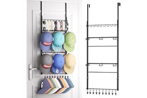 Consumest Over Door Hat Organizer - Wall Mounted Hat Rack with Sunglass Organizer, Baseball Cap Storage Sunglass Holder with Hooks and Clips Up to 28 Caps and 9 Eyeglasses for Door, Bedroom, Closet