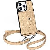 LUCKYCOIN Crossbody Wallet Phone Case for iPhone 15 Pro Max, Genuine Phone Case with Expandable Wallet Card Holder & Adjustable Removable Crossbody Strap, Phone Purse with Card Slot - Pebble Beige