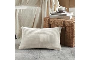 Fancy Homi Cream Lumbar Decorative Throw Pillow Covers 12x20 Inch for Living Room Couch Bed Sofa, Rustic Farmhouse Boho Home Decor, Soft Striped Corduroy Rectangle Accent Cushion Case 30x50 cm