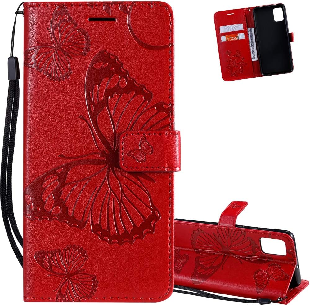 EMAXELER Samsung Galaxy A71 Case Shockproof PU Leather Retro 3D Butterfly Embossed Wallet Flip Case Magnetic Stand with Card Slot Folio Cover for Samsung Galaxy A71 Butterfly Red KT