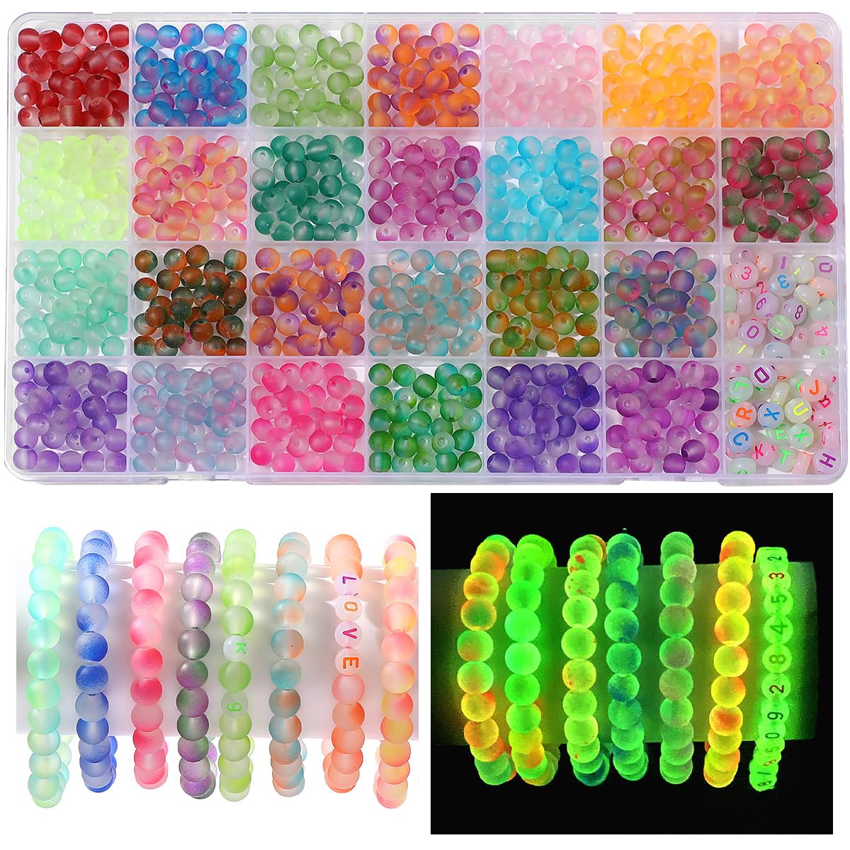 Photo 1 of ***(MISSING PARTS)***Glow in The Dark Glass Beads for Bracelet Making, 850pcs 6mm 26 Color Crystal Gem Beads Round with Luminous Numbers&Letters Craft Beads for Bracelets Necklaces Earring Making Kit Party Decor