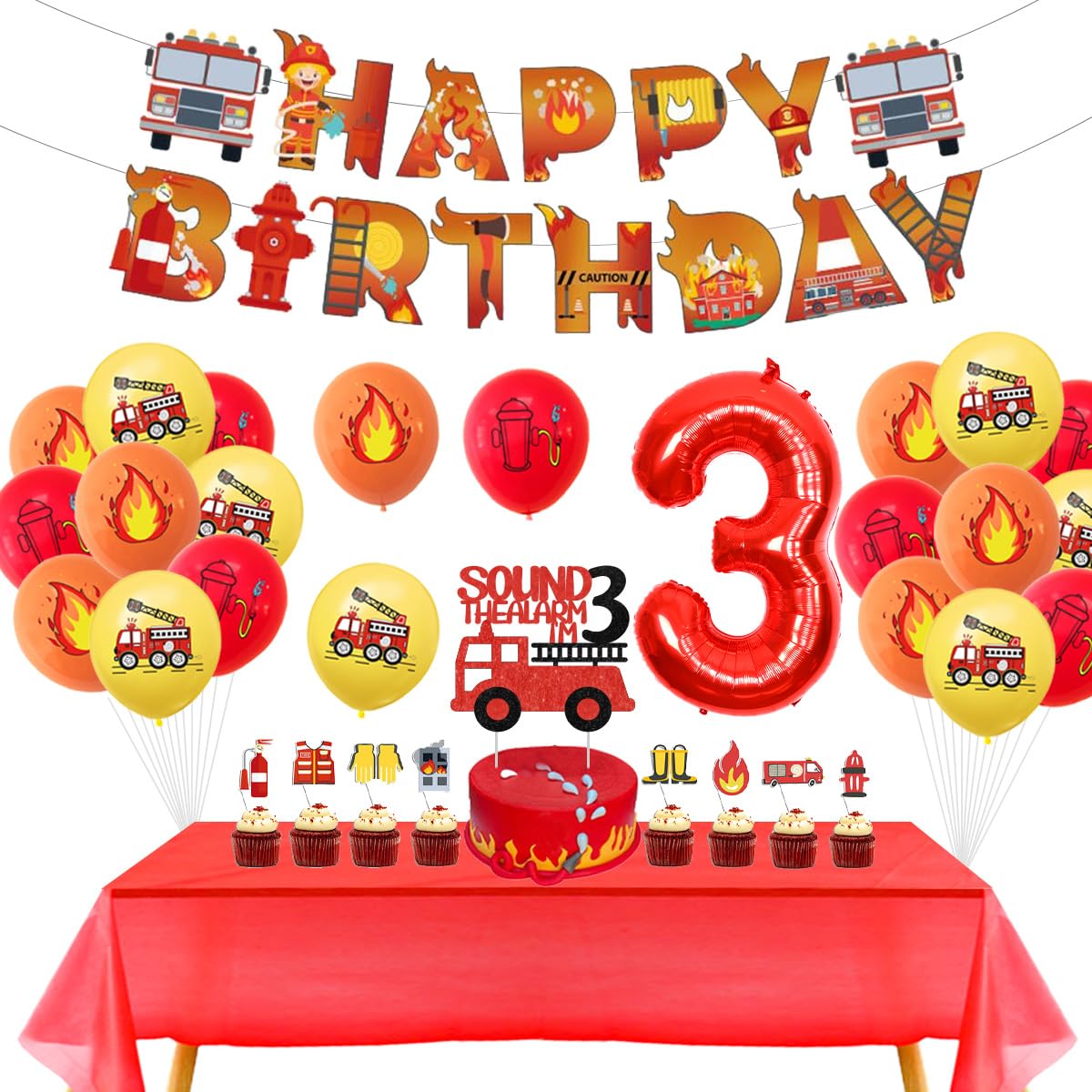 Sursurprise Fire Engine 3rd Birthday Decorations for Boy, Sound the Alarm I’m 3 Cake Topper, Happy Birthday Banner, Flame Balloons, Tablecloth, Firemen Firefighter Birthday Party Supplies
