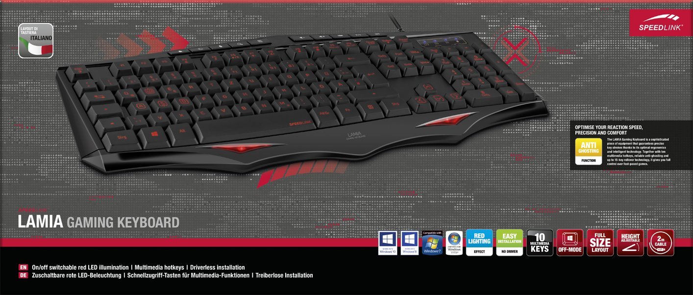 Speedlink LAMIA Gaming Keyboard - Gaming Tastatur mit USB Anschluss - Höhenverstellbar - LED - 10 Zusatztasten - schwarz - IT Layout 4