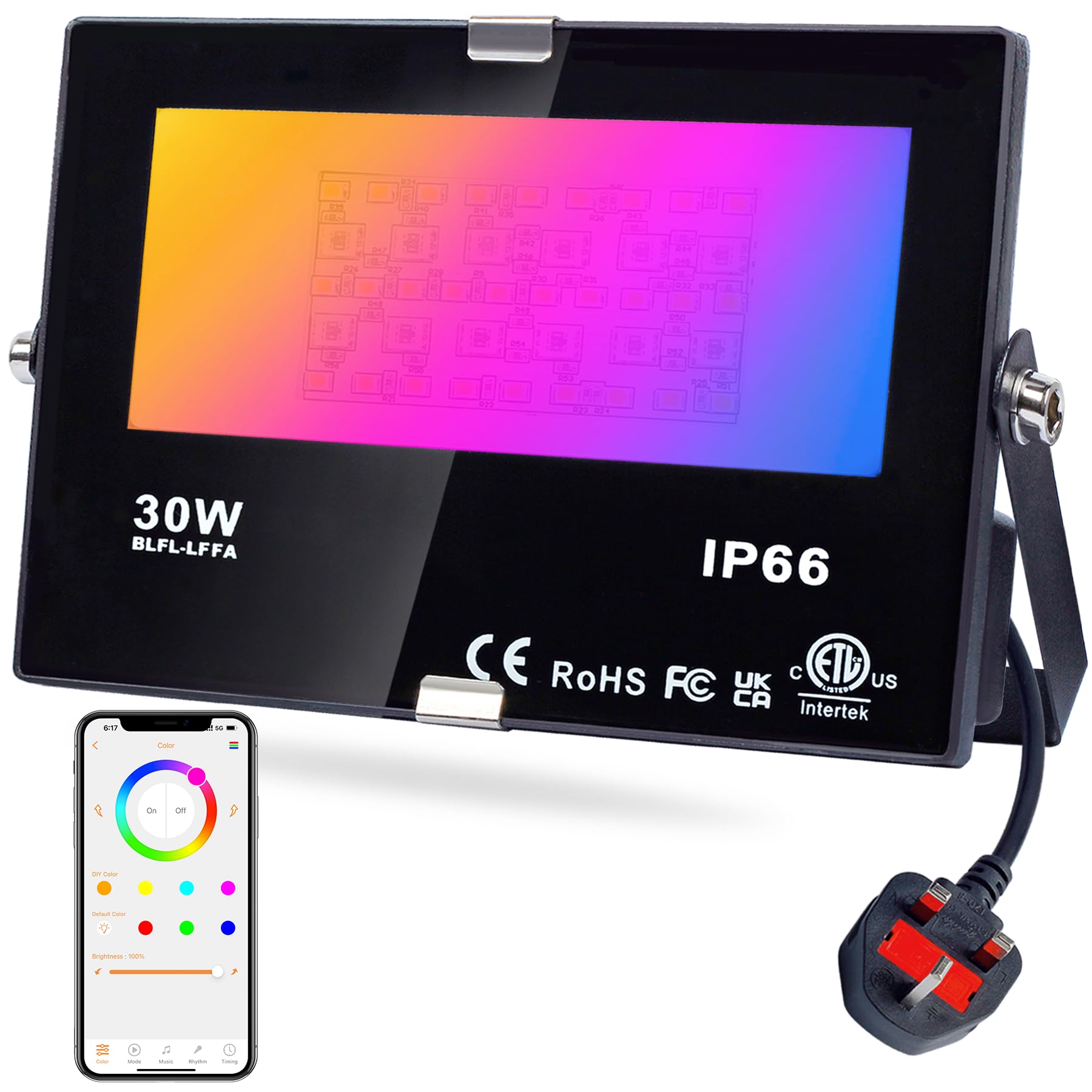LED Flood Lights RGB Colour Changing 300W Equivalent Outdoor, 30W Bluetooth RGBW Smart Floodlight APP Control, IP66 Waterproof, Timing, 2700K & 16 Million Colours for Garden Stage, DUSKTEC