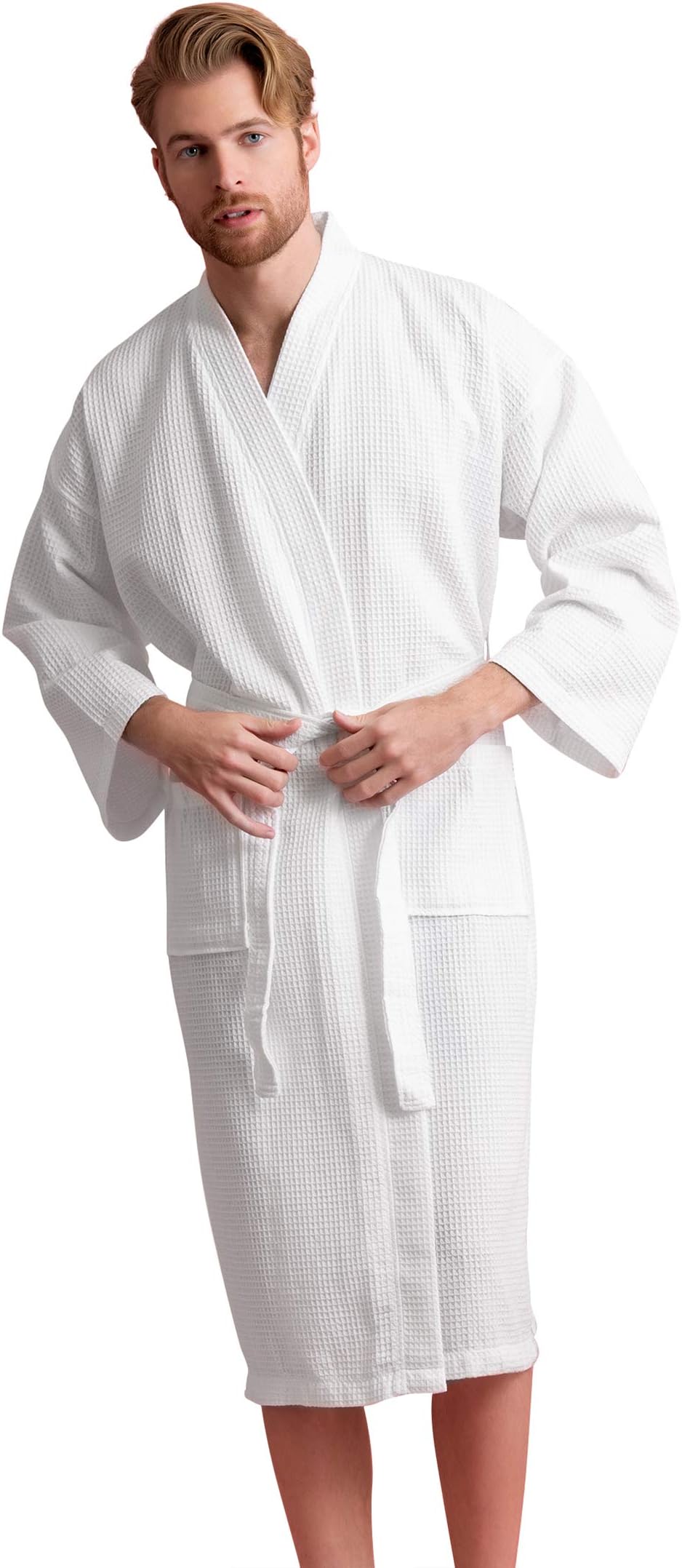 Soft Touch LinenHandsome Waffle Spa Bathrobe for Men. Luxurious Square Pattern Premium Cotton