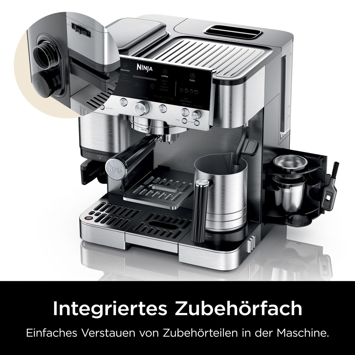 Ninja Luxe Premier 3-in-1-Kaffeemaschine mit Mahlwerk und Aufschäumer für Latte, Cappuccino, Cold Brew & Espresso, einfache Handhabung, 4 Voreinstellungen zum Aufschäumen, Silber, ES601EU 3