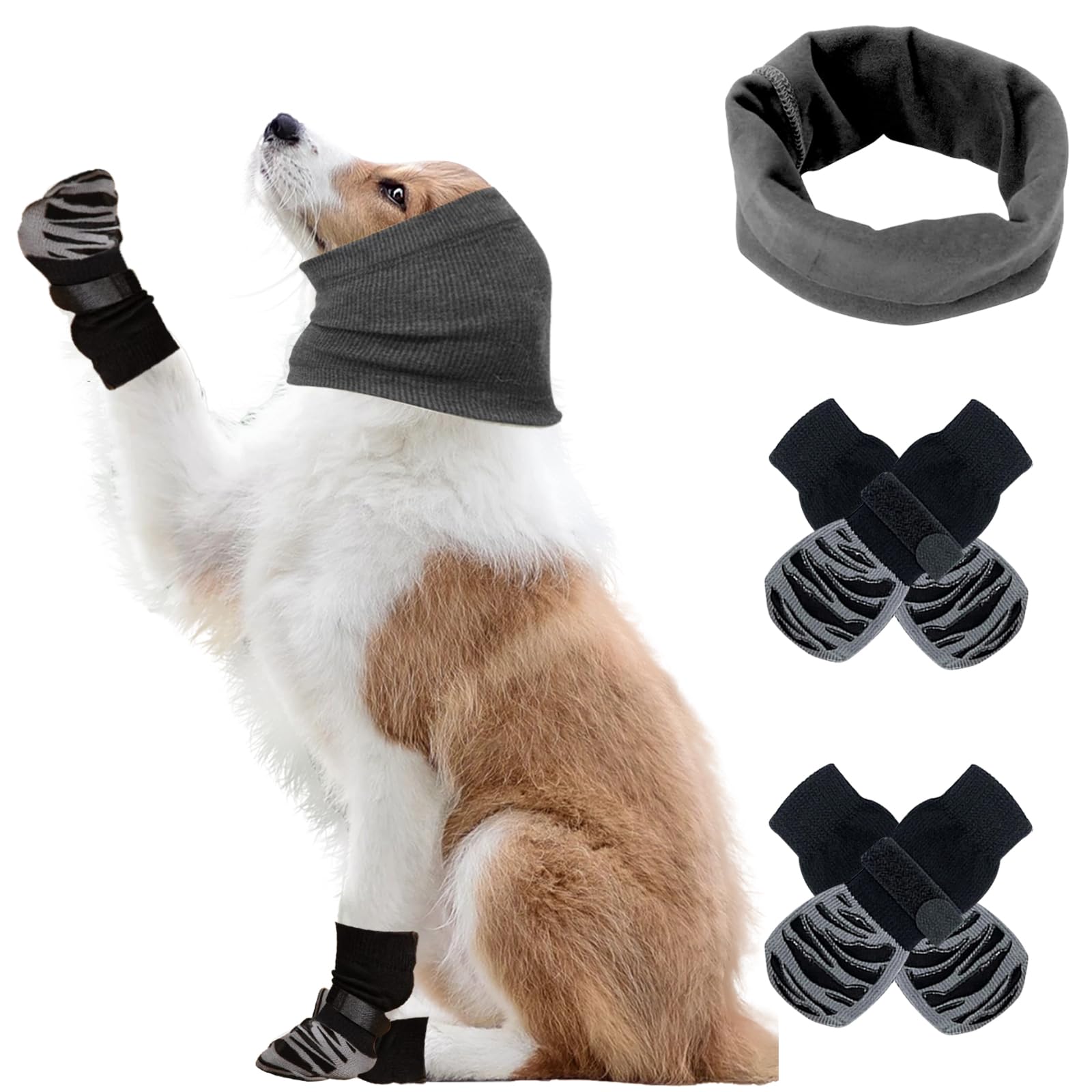 DKDDSSS Dog Snood Ear Protector, Pet Neck and Ears Warmer Pet Cat Calming Hood for Grooming and Bath Drying(M, Gray), 2 Pairs Dogs Socks Dog Paw Protectors(L)