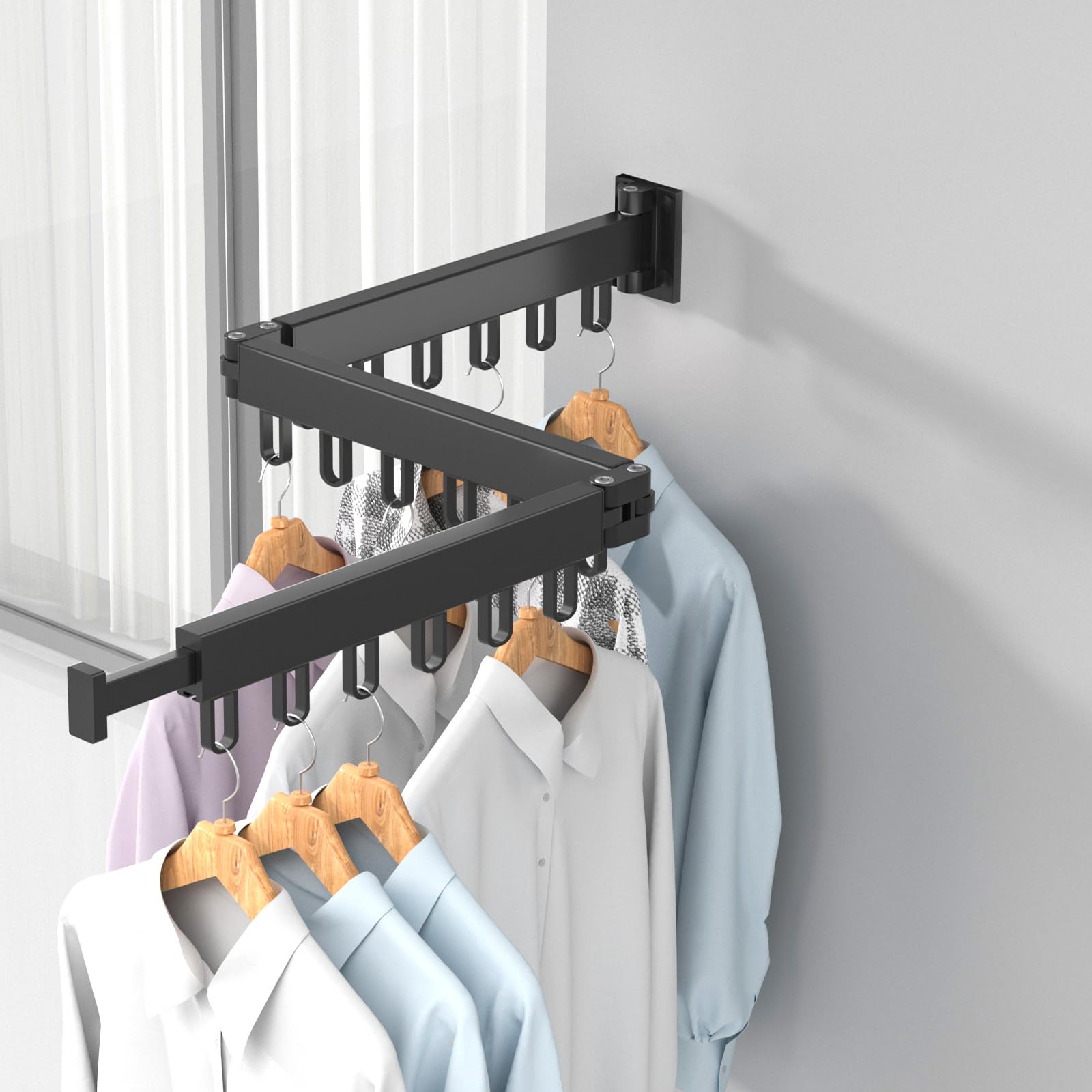 HONPHIER Drying Rack Laundry Collapsible Wall Mounted Clothes Drying Rack with Hooks Strong Clothes Airer Indoor Outdoor Saving Space Drying Racks for Balcony, Bathroom, Bedroom (Black, 3-Fold)
