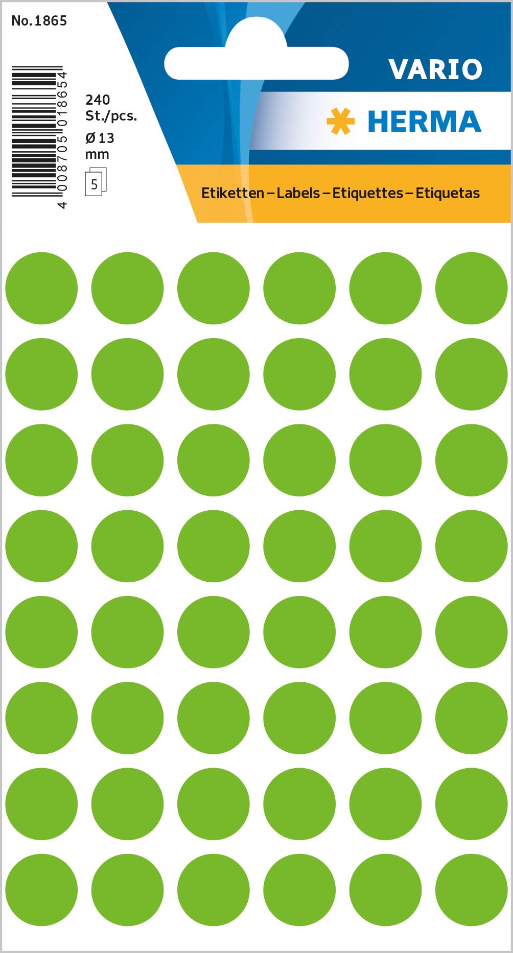 HERMA Dot Stickers Light Green, 240 Labels, Ø 13 mm, 48 per Sheet, Self-Adhesive Round Colour Dots for Color Coding Calendar, Blank Marking Circles