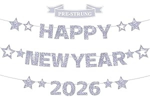 MIUCAT Happy New Year Banner Glitter Silver - Pre-Strung Happy New Years Eve Party Decorations Supplies 2026 for Happy New Year 2026, Happy New Years Decorations