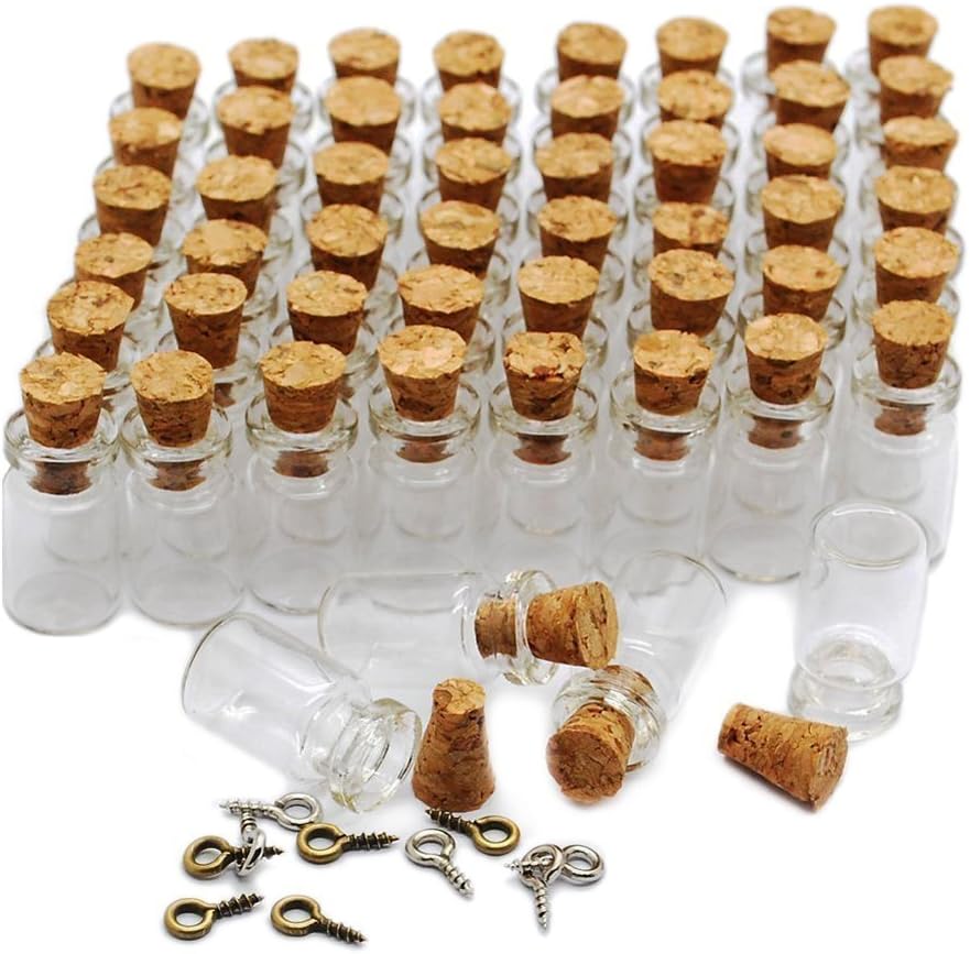 MIGK Mini Glass Bottles 1ml Small Vials with Cork Stoppers and Eye Screw Pins Jewelry Making Charms Message Treasure Beads Pendant (50 Pcs)