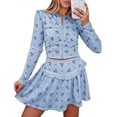 Fisoew Womens 2 Piece Outfits Floral Skort Sets Zip Up Crop Tops Mini Skirts Y2K Ruffle Vacation Clothes