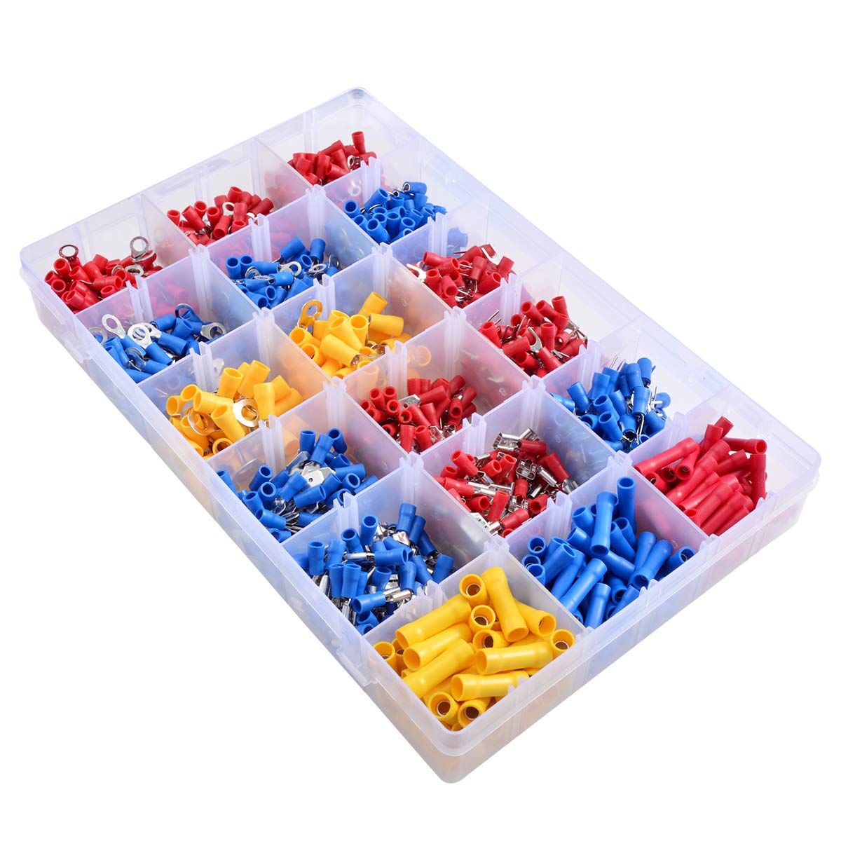 KATUR 1200Pcs Wire Terminal Crimp Connectors, Assorted Mixed Assorted Lug Kit, Electrical Crimp Connectors Spade Ring Butt Set in Plastic Case (Red/Blue/Yellow)