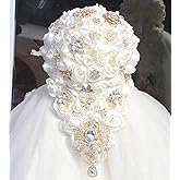 Mhojpik Luxury Cascade Bridal Wedding Bouquet Satin Rose Waterfall Holding Bouquet Artificial Flower Bunch for Bride Bridesmaid(Ivory, 15" x 7.5")